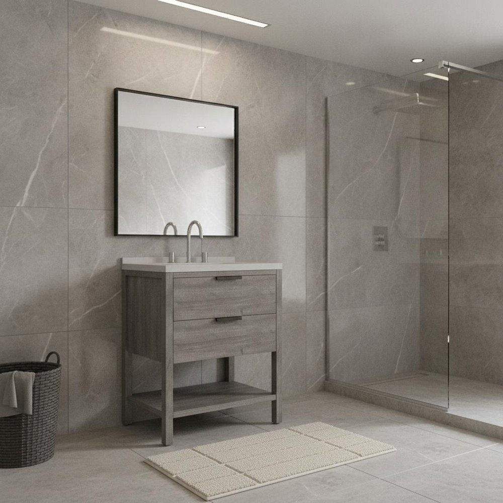 24" Gray Wood Bathroom Vanity With White Ceramic Sink With Two Drawers — view 4
