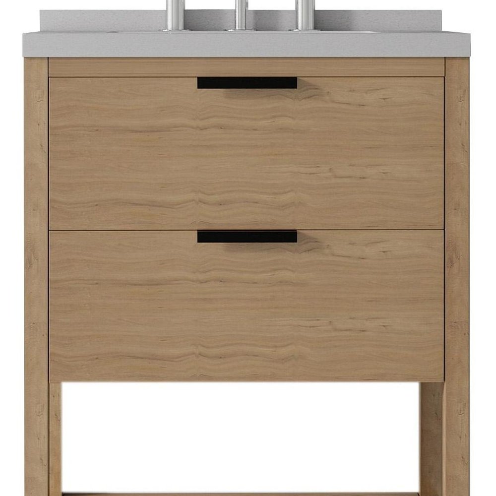24" Brown Wood Bathroom Vanity With White Ceramic Sink With Two Drawers — view 2