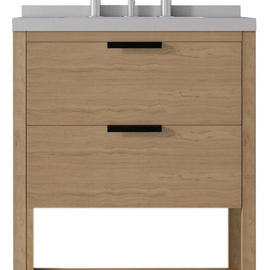 24" Brown Wood Bathroom Vanity With White Ceramic Sink With Two Drawers