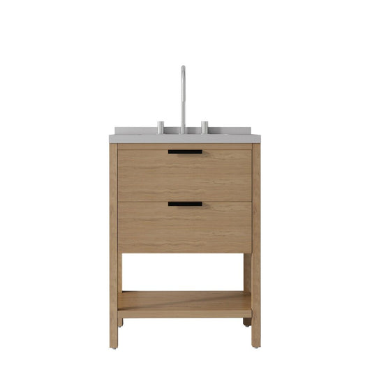 24" Brown Wood Bathroom Vanity With White Ceramic Sink With Two Drawers