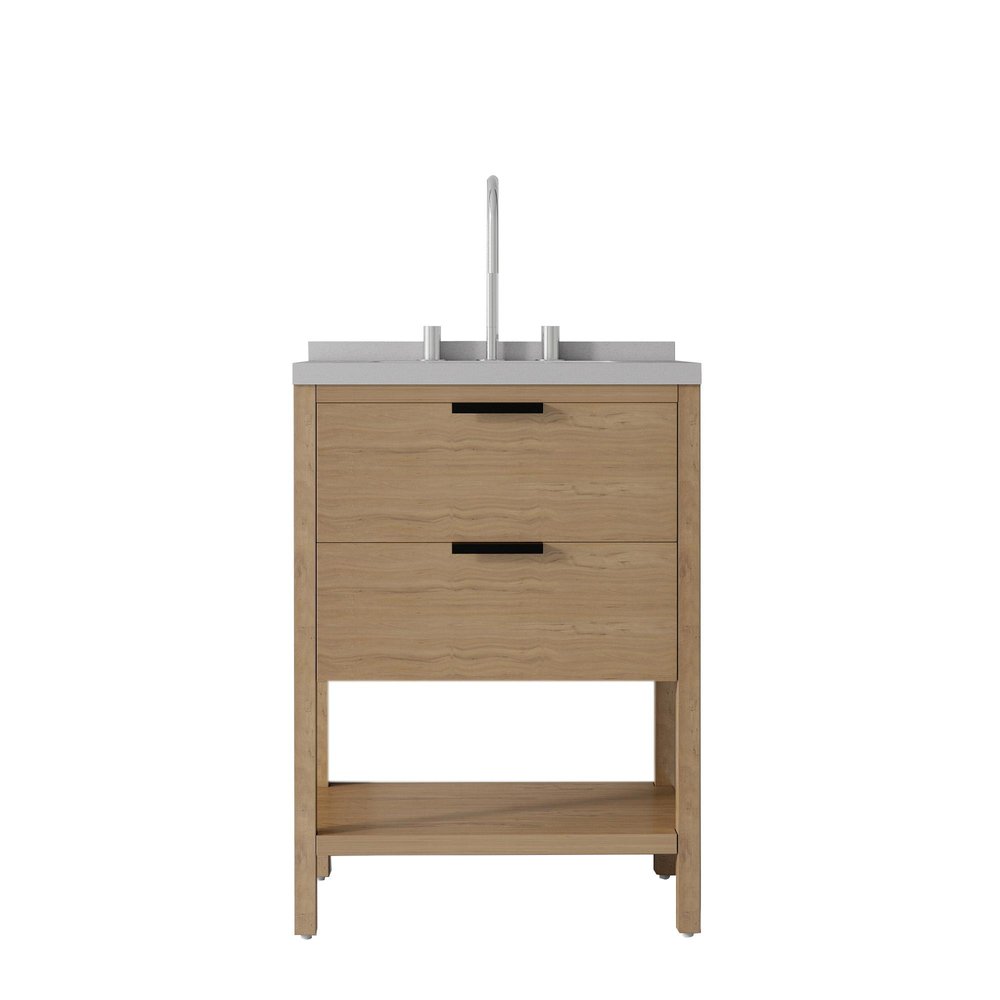 24" Brown Wood Bathroom Vanity With White Ceramic Sink With Two Drawers HomeRoots