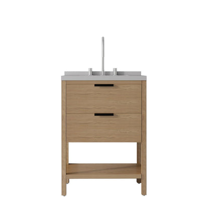 24" Brown Wood Bathroom Vanity With White Ceramic Sink With Two Drawers HomeRoots