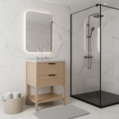 24" Brown Wood Bathroom Vanity With White Ceramic Sink With Two Drawers
