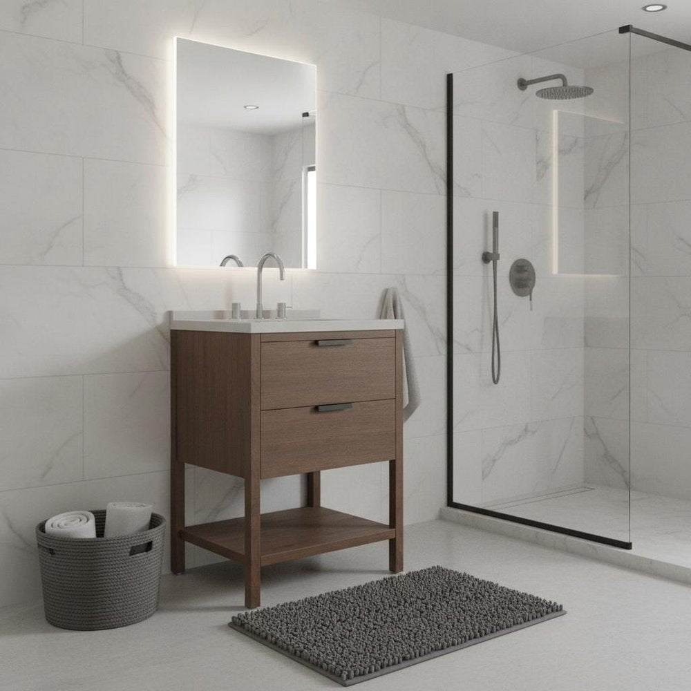 24" Brown Wood Bathroom Vanity With White Ceramic Sink With Two Drawers HomeRoots