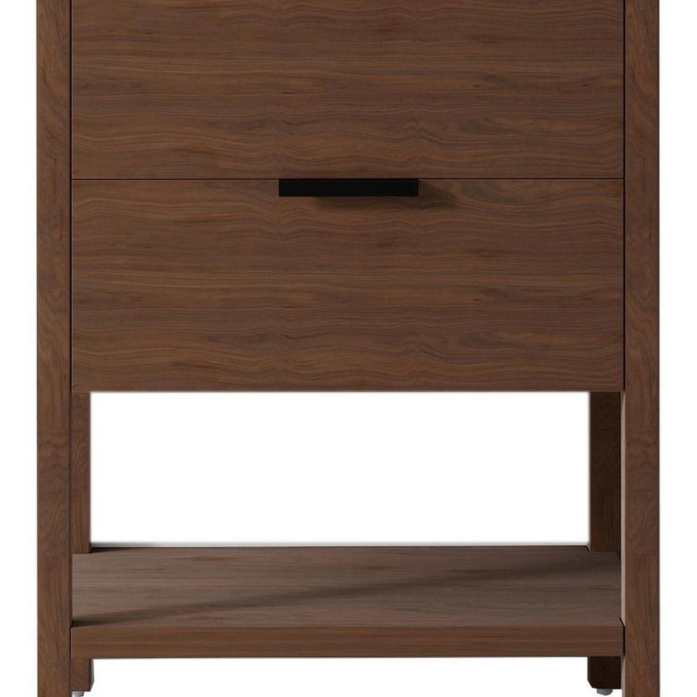 24" Brown Wood Bathroom Vanity With White Ceramic Sink With Two Drawers — view 3