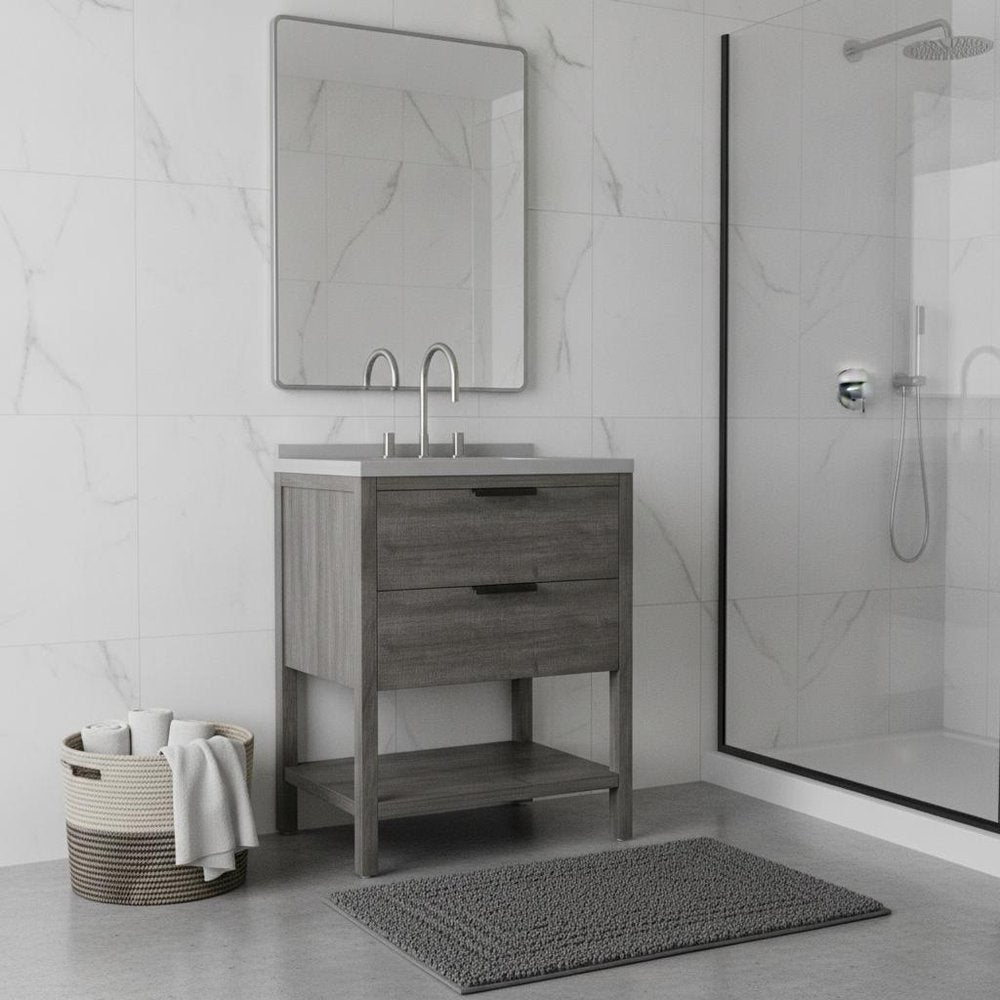 30" Natural Wood Bathroom Vanity With White Cultured Marble Sink Two Drawers And Shelf HomeRoots