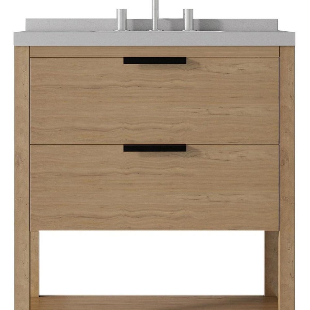 30" Natural Wood Bathroom Vanity With White Cultured Marble Sink Two Drawers And Shelf — view 6