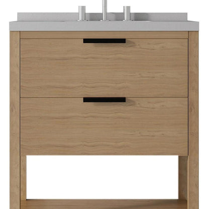 30" Natural Wood Bathroom Vanity With White Cultured Marble Sink Two Drawers And Shelf HomeRoots