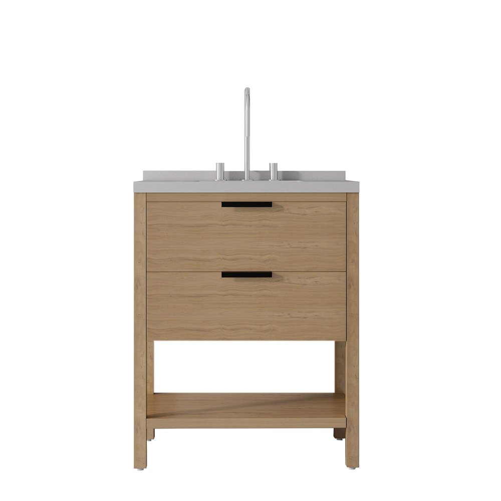 30" Natural Wood Bathroom Vanity With White Cultured Marble Sink Two Drawers And Shelf HomeRoots