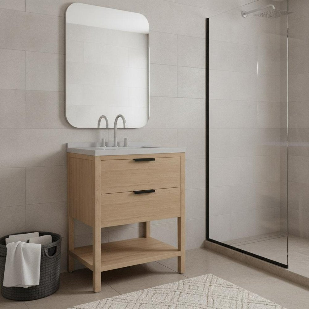 30" Natural Wood Bathroom Vanity With White Cultured Marble Sink Two Drawers And Shelf HomeRoots