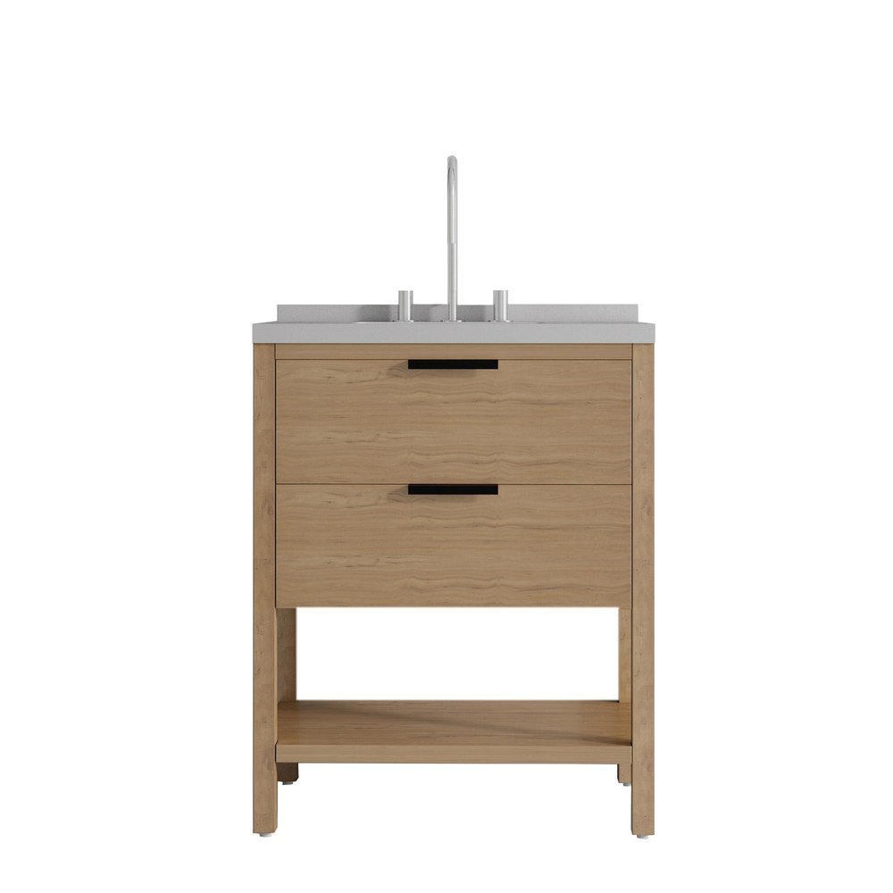 30" Natural Wood Bathroom Vanity With White Cultured Marble Sink Two Drawers And Shelf HomeRoots