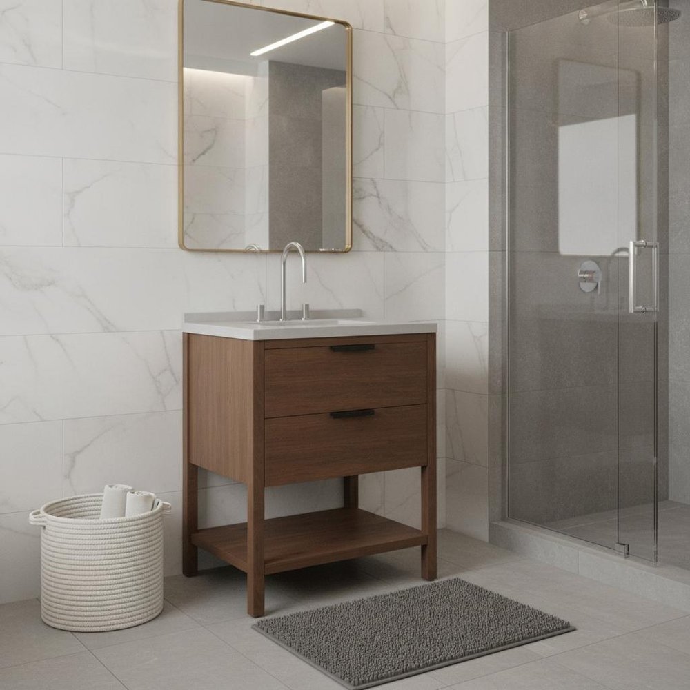 30" Natural Wood Bathroom Vanity With White Cultured Marble Sink Two Drawers And Shelf HomeRoots