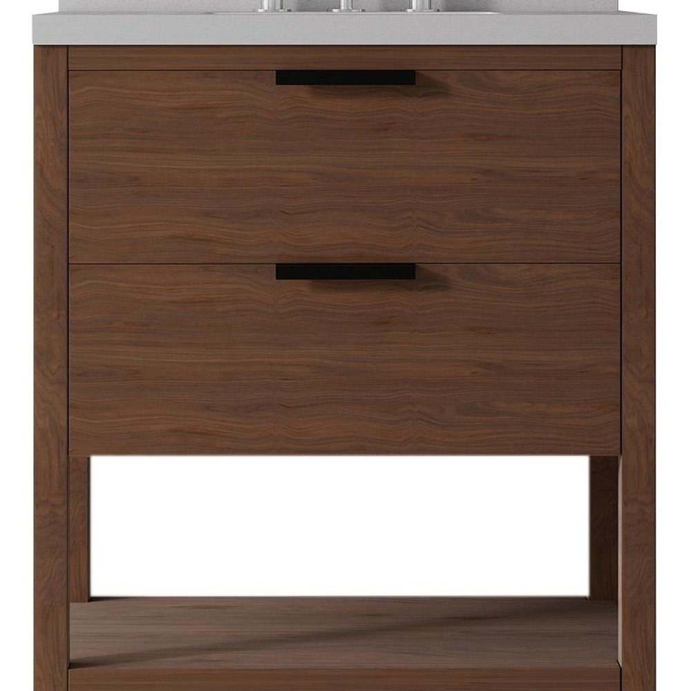 30" Gray Wood Bathroom Vanity With White Cultured Marble Sink Two Drawers And Shelf — view 12