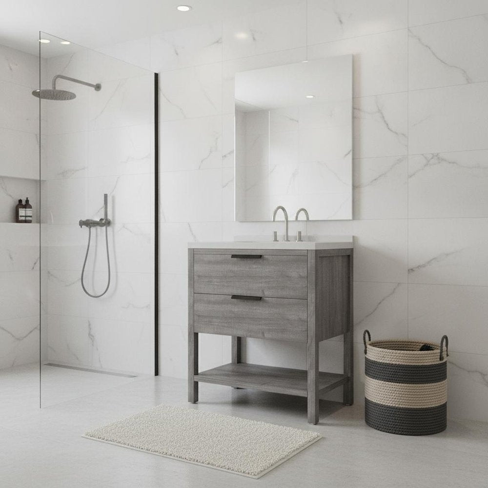 36" Gray Wood Bathroom Vanity With White Ceramic Sink With Two Drawers — view 4