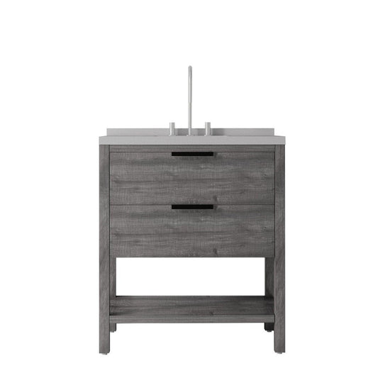 36" Gray Wood Bathroom Vanity With White Ceramic Sink With Two Drawers