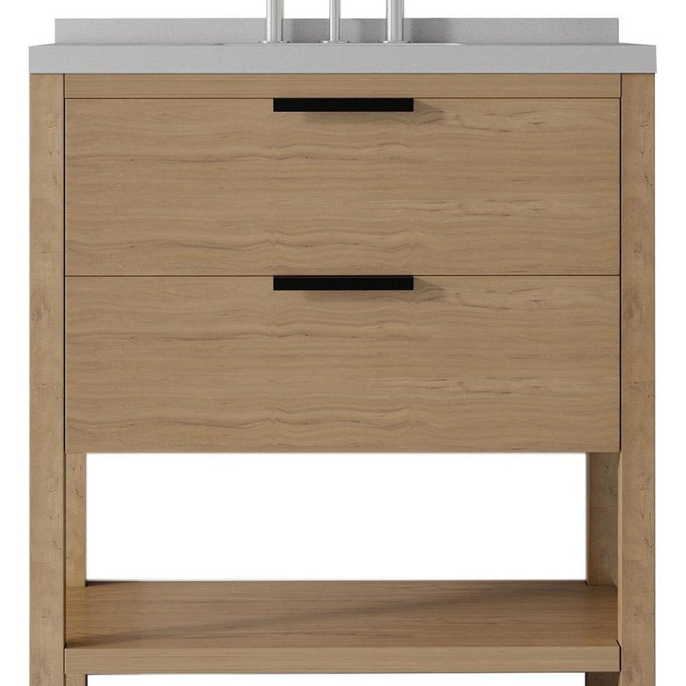 36" Brown Wood Bathroom Vanity With White Ceramic Sink With Two Drawers — view 2