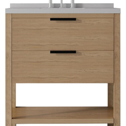 36" Brown Wood Bathroom Vanity With White Ceramic Sink With Two Drawers HomeRoots