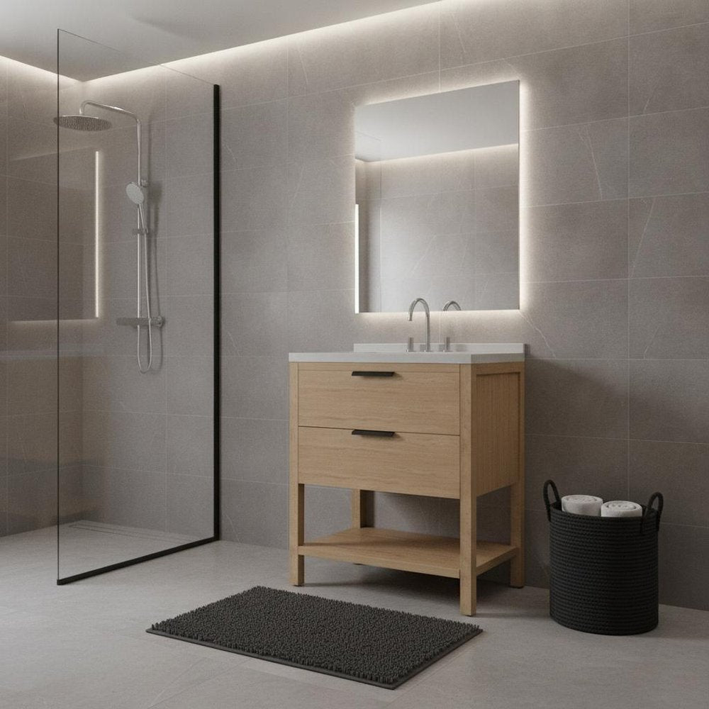 36" Brown Wood Bathroom Vanity With White Ceramic Sink With Two Drawers — view 4