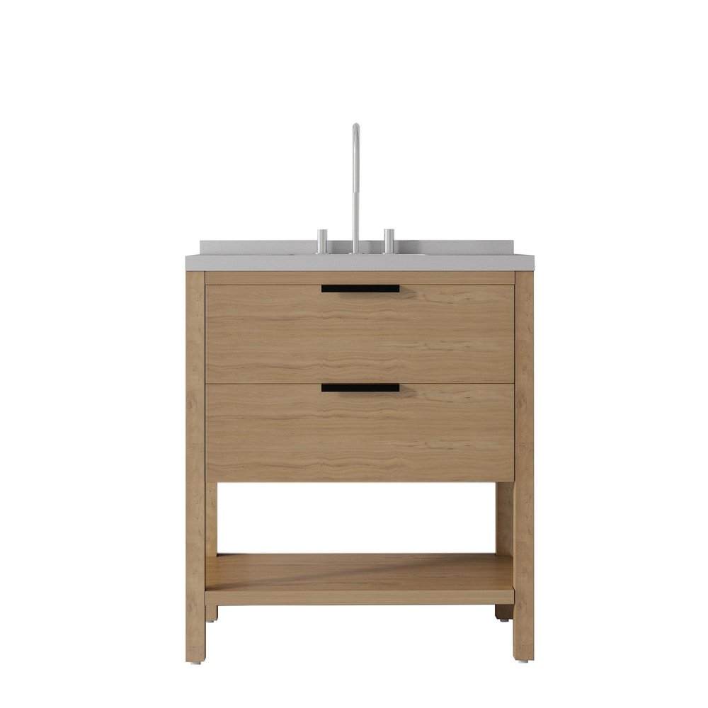 36" Brown Wood Bathroom Vanity With White Ceramic Sink With Two Drawers — view 1