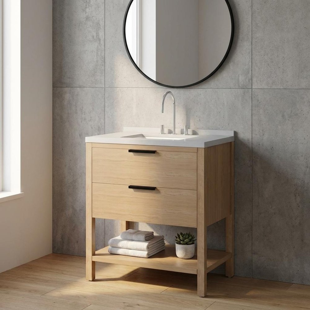 36" Brown Wood Bathroom Vanity With White Ceramic Sink With Two Drawers HomeRoots