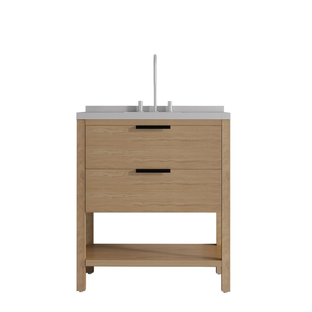 36" Brown Wood Bathroom Vanity With White Ceramic Sink With Two Drawers — view 7