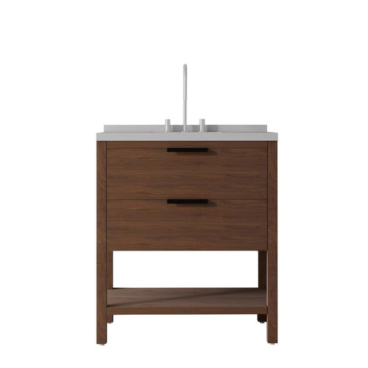 36" Brown Wood Bathroom Vanity With White Ceramic Sink With Two Drawers