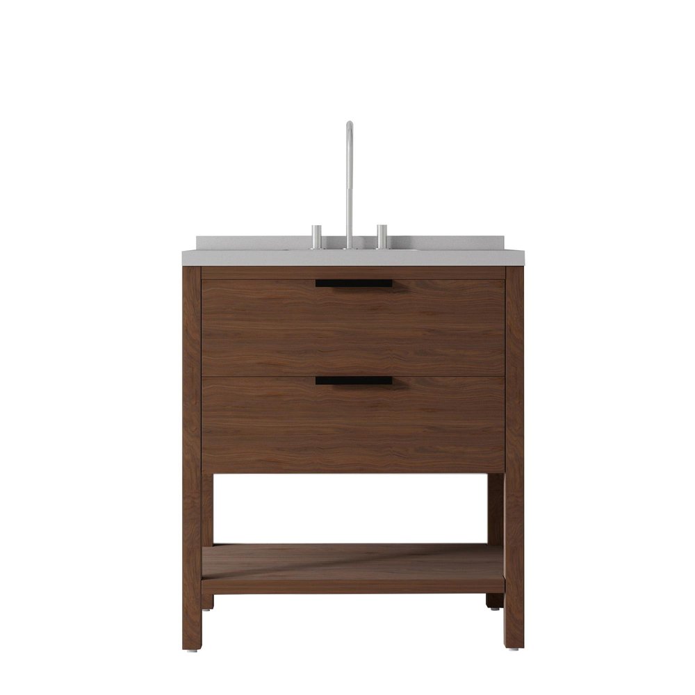 36" Brown Wood Bathroom Vanity With White Ceramic Sink With Two Drawers — view 1