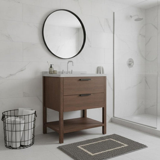 36" Brown Wood Bathroom Vanity With White Ceramic Sink With Two Drawers