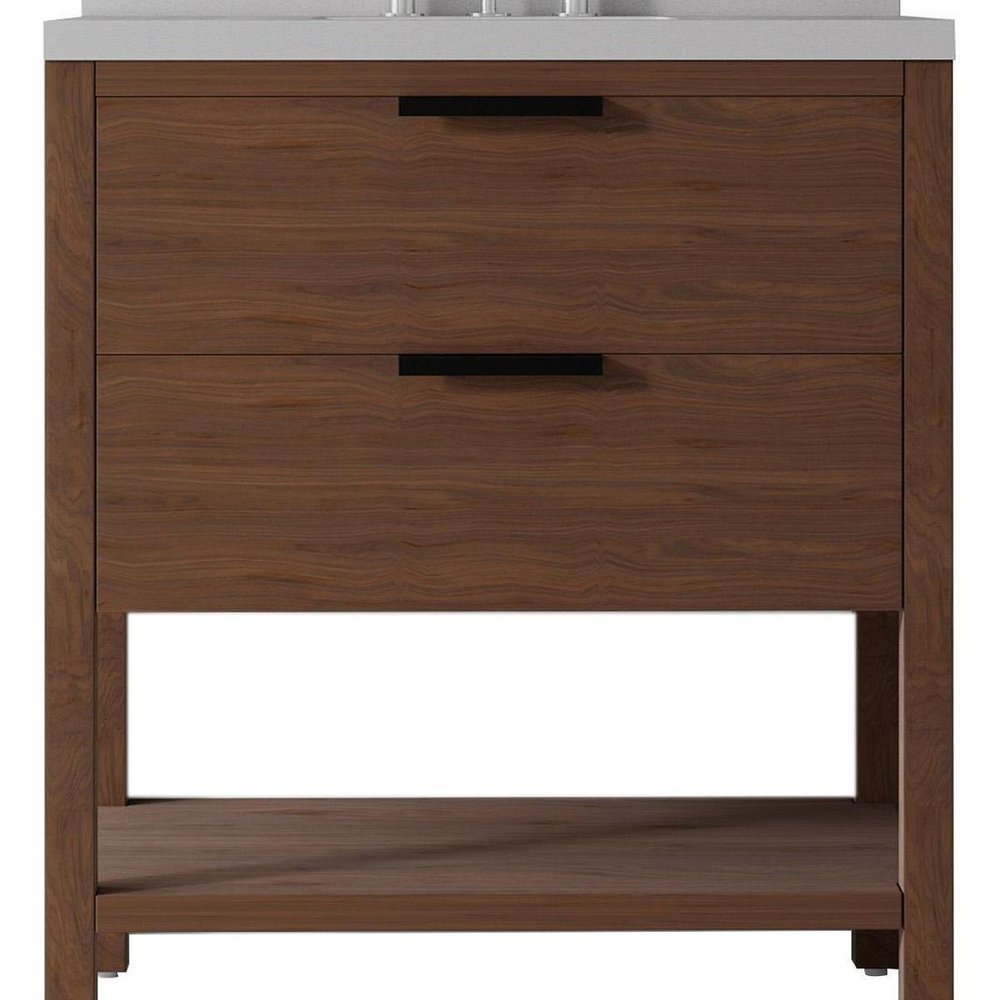 36" Brown Wood Bathroom Vanity With White Ceramic Sink With Two Drawers HomeRoots