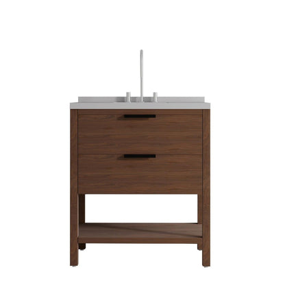 36" Brown Wood Bathroom Vanity With White Ceramic Sink With Two Drawers HomeRoots