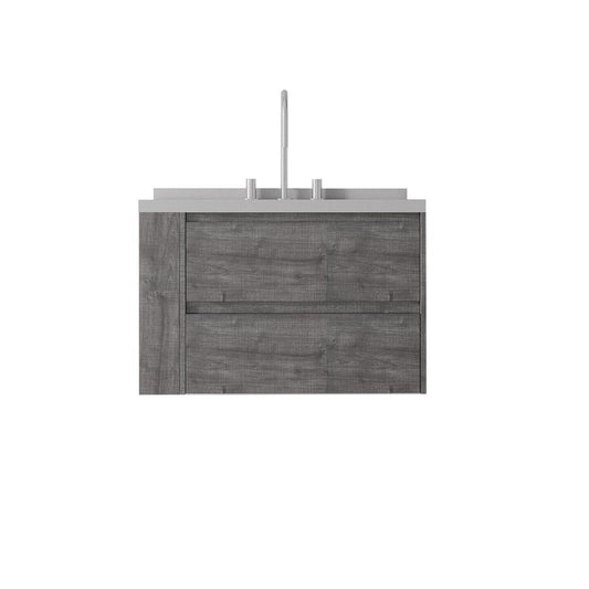 30" Gray Wood Floating Bathroom Vanity With White Ceramic Sink With Two Drawers