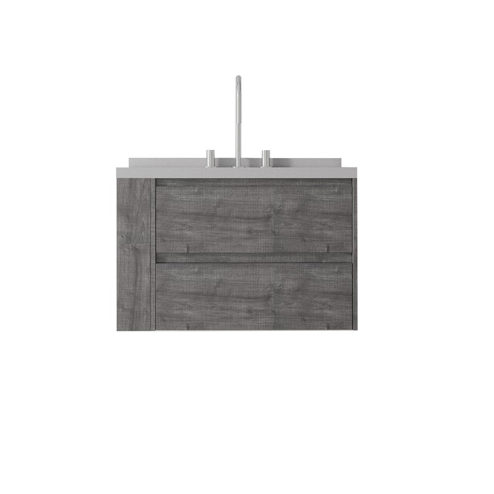 30" Gray Wood Floating Bathroom Vanity With White Ceramic Sink With Two Drawers — view 1