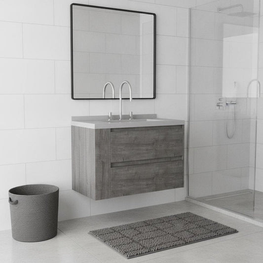 30" Gray Wood Floating Bathroom Vanity With White Ceramic Sink With Two Drawers