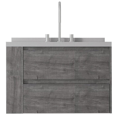 30" Gray Wood Floating Bathroom Vanity With White Ceramic Sink With Two Drawers