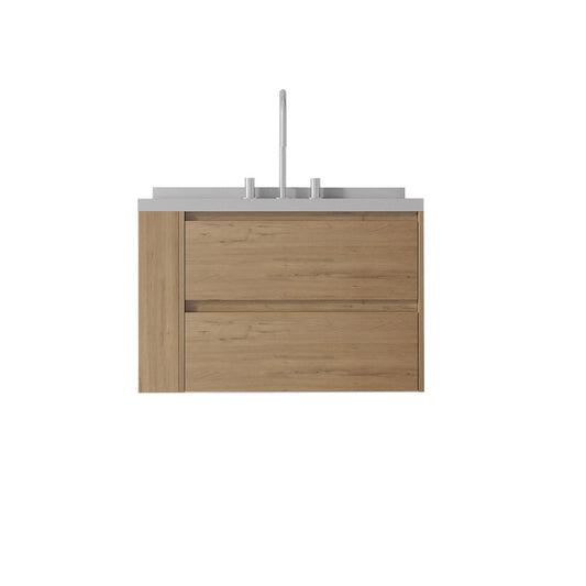 30" Brown Wood Floating Bathroom Vanity With White Ceramic Sink With Two Drawers