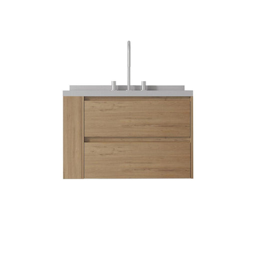 30" Brown Wood Floating Bathroom Vanity With White Ceramic Sink With Two Drawers