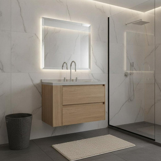 30" Brown Wood Floating Bathroom Vanity With White Ceramic Sink With Two Drawers