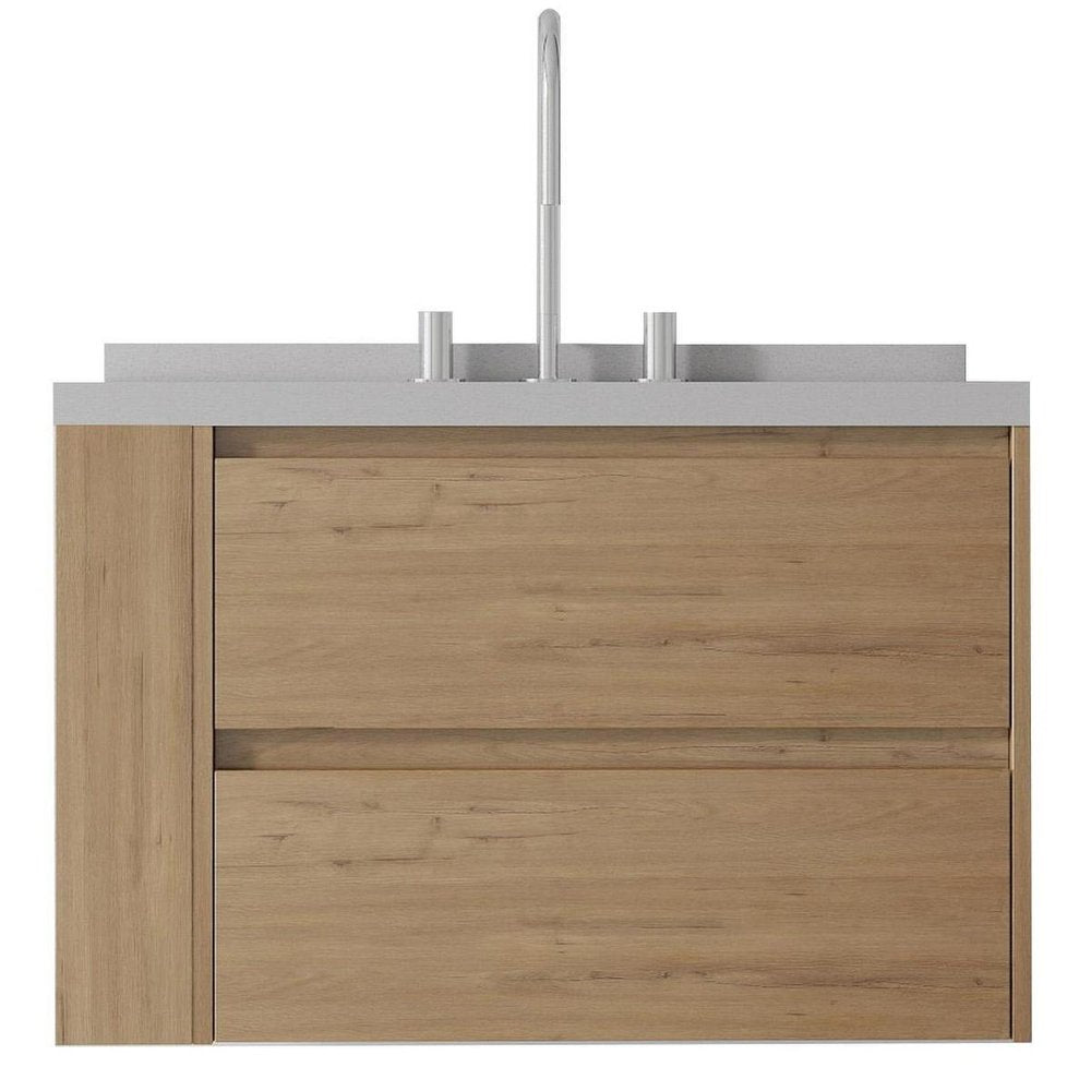 30" Brown Wood Floating Bathroom Vanity With White Ceramic Sink With Two Drawers — view 4