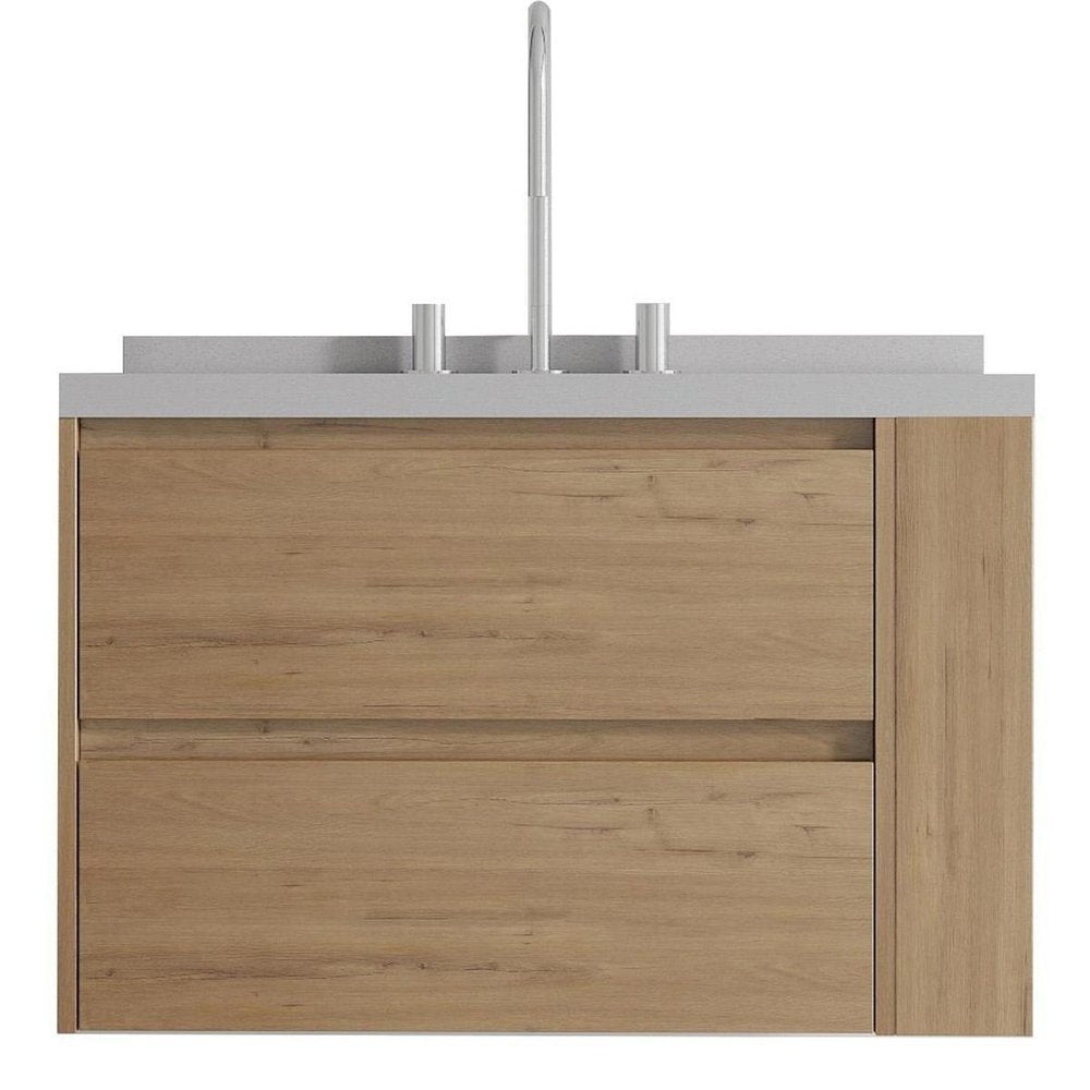 30" Brown Wood Floating Bathroom Vanity With White Ceramic Sink With Two Drawers HomeRoots