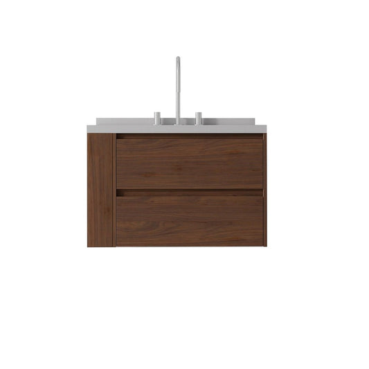 30" Brown Wood Floating Bathroom Vanity With White Ceramic Sink With Two Drawers