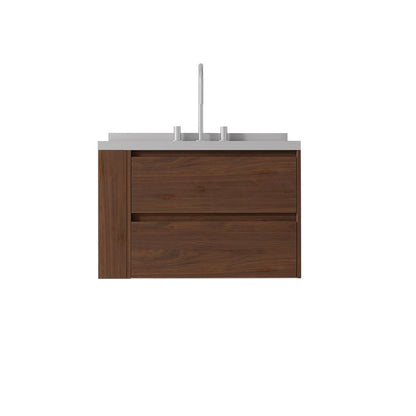 30" Brown Wood Floating Bathroom Vanity With White Ceramic Sink With Two Drawers HomeRoots