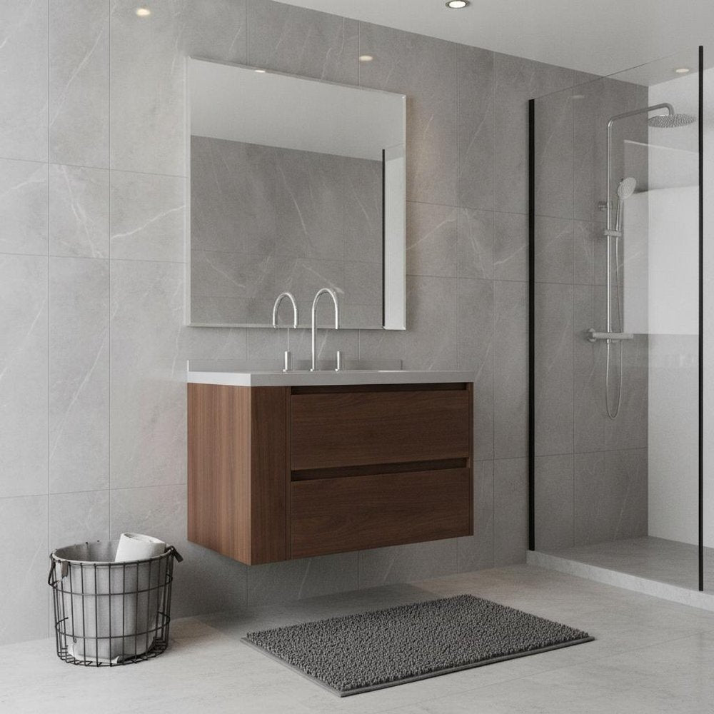 30" Brown Wood Floating Bathroom Vanity With White Ceramic Sink With Two Drawers HomeRoots