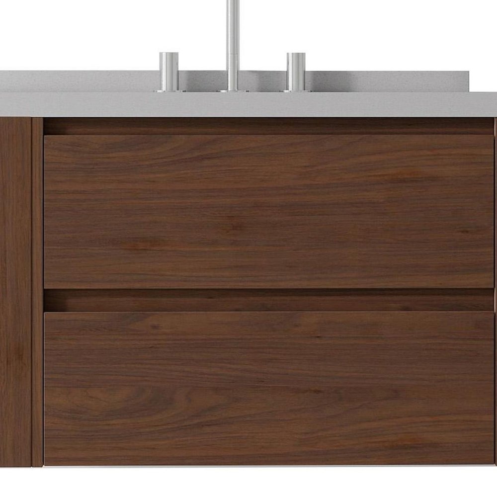 30" Brown Wood Floating Bathroom Vanity With White Ceramic Sink With Two Drawers — view 3