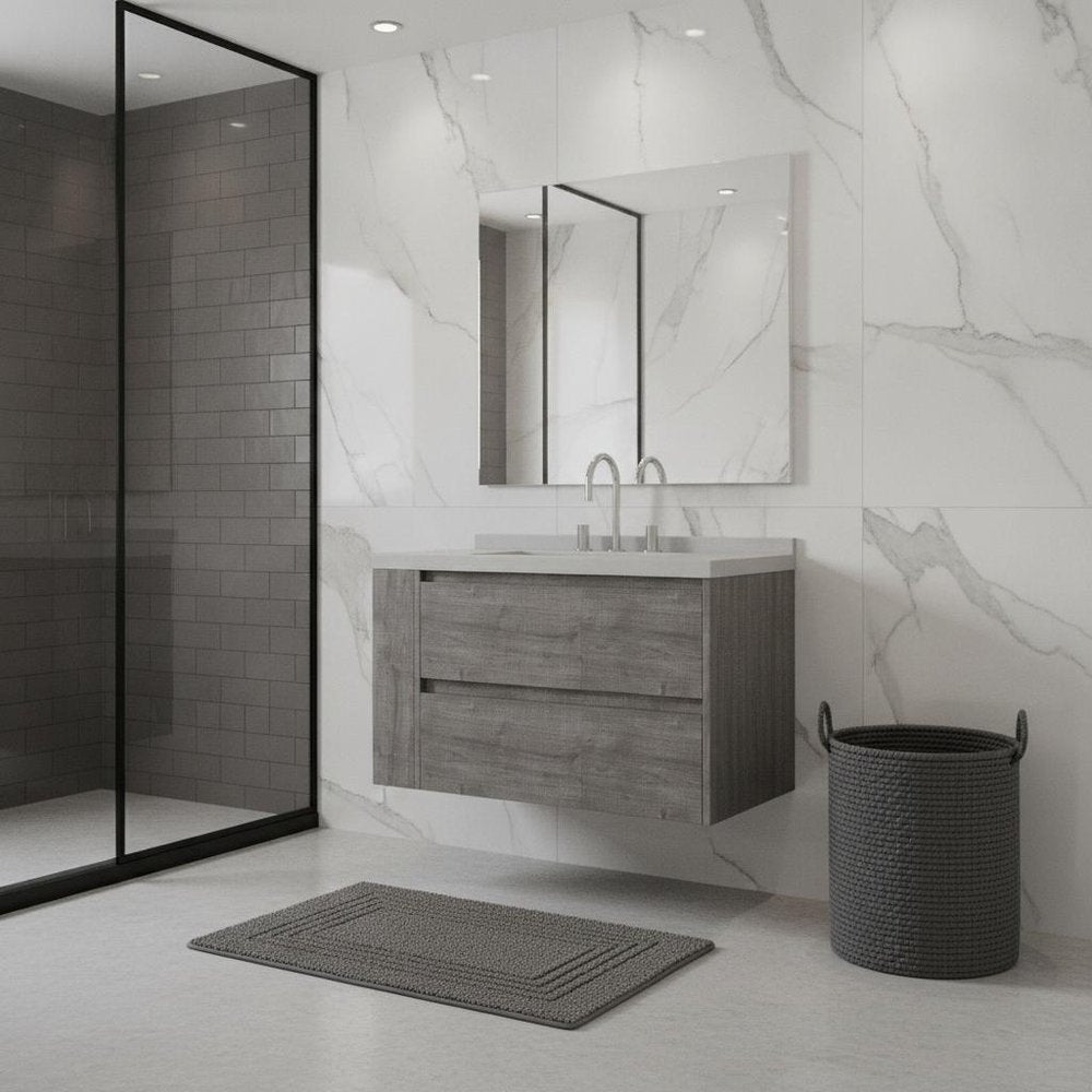 36" Gray Wood Floating Bathroom Vanity With White Ceramic Sink With Two Drawers HomeRoots
