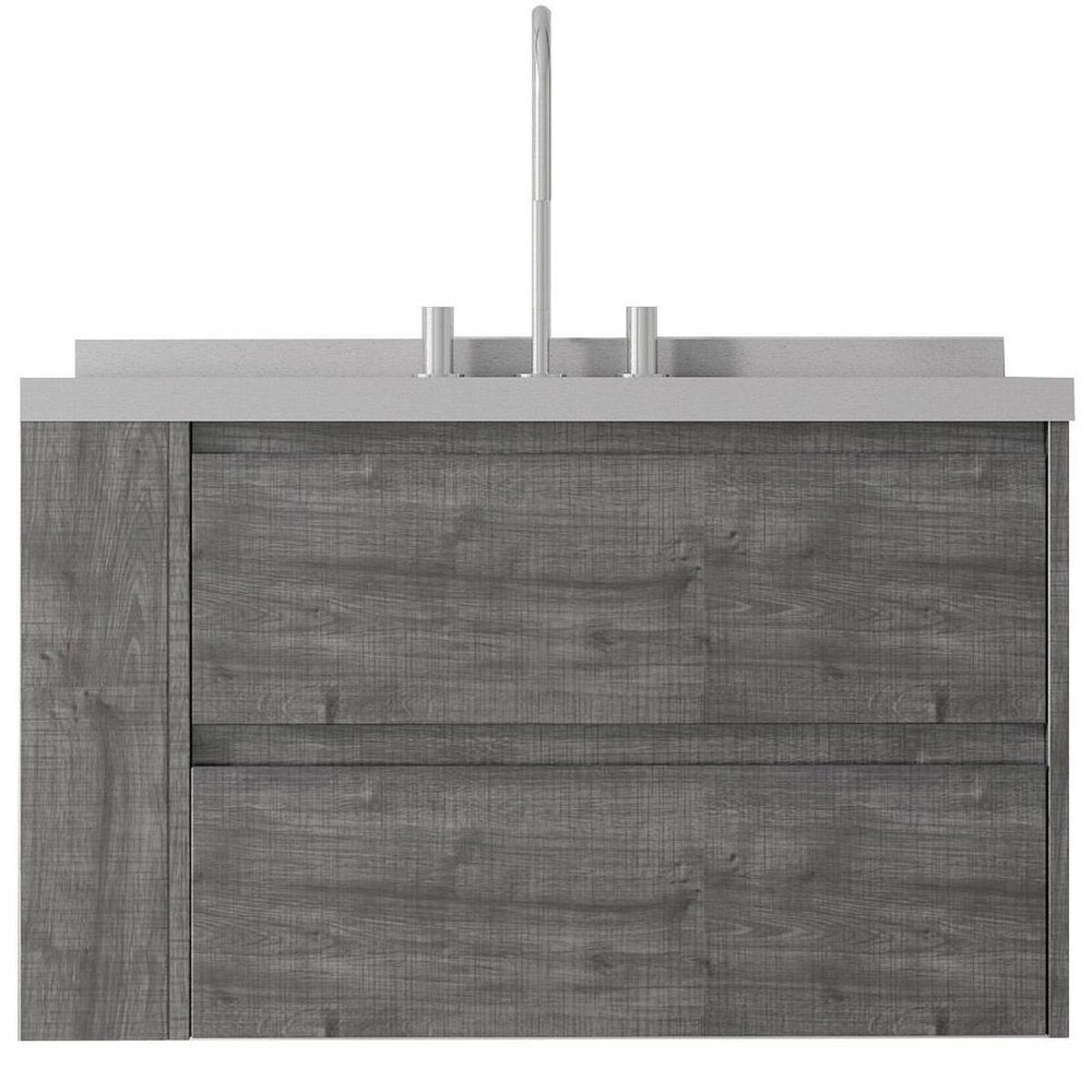 36" Gray Wood Floating Bathroom Vanity With White Ceramic Sink With Two Drawers — view 4