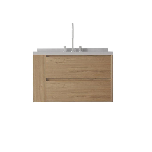 36" Brown Wood Floating Bathroom Vanity With White Ceramic Sink With Two Drawers
