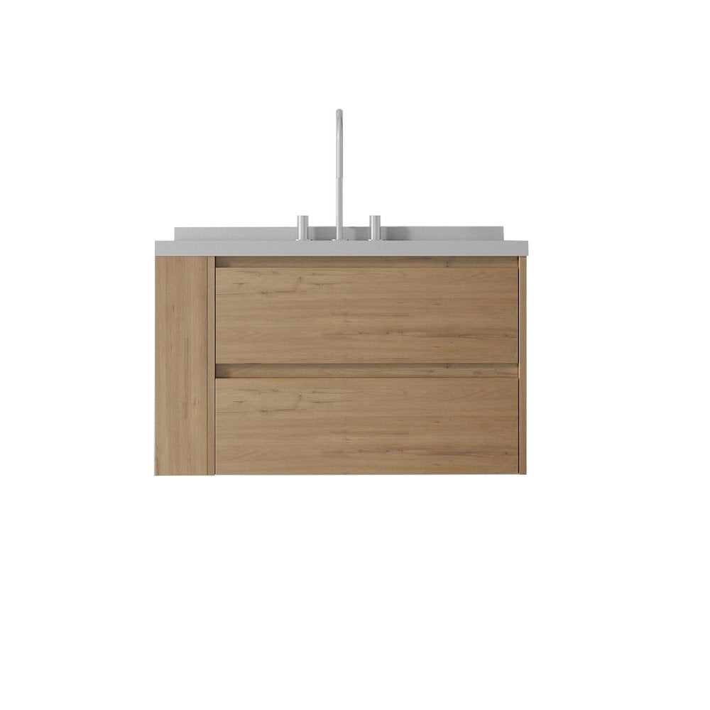 36" Brown Wood Floating Bathroom Vanity With White Ceramic Sink With Two Drawers — view 1