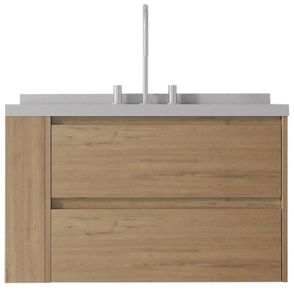 36" Brown Wood Floating Bathroom Vanity With White Ceramic Sink With Two Drawers HomeRoots