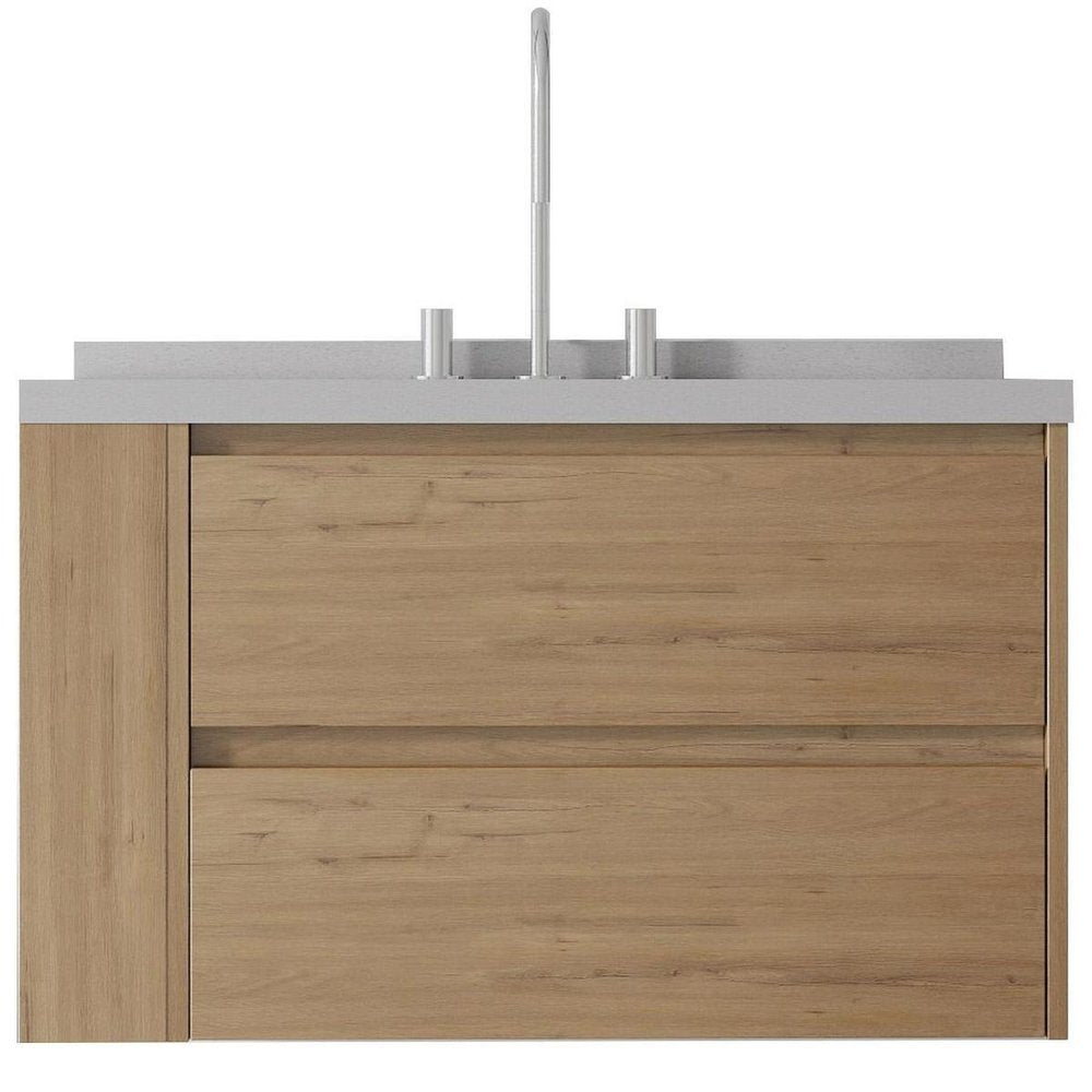 36" Brown Wood Floating Bathroom Vanity With White Ceramic Sink With Two Drawers HomeRoots