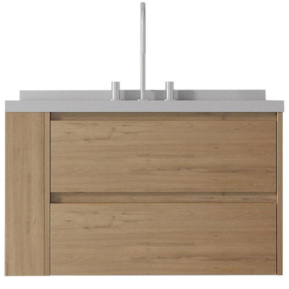 36" Brown Wood Floating Bathroom Vanity With White Ceramic Sink With Two Drawers HomeRoots